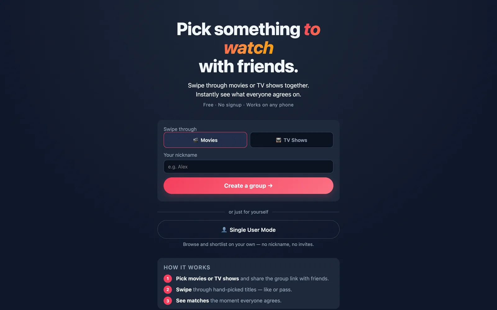 Movie Swiper start page for creating a group
