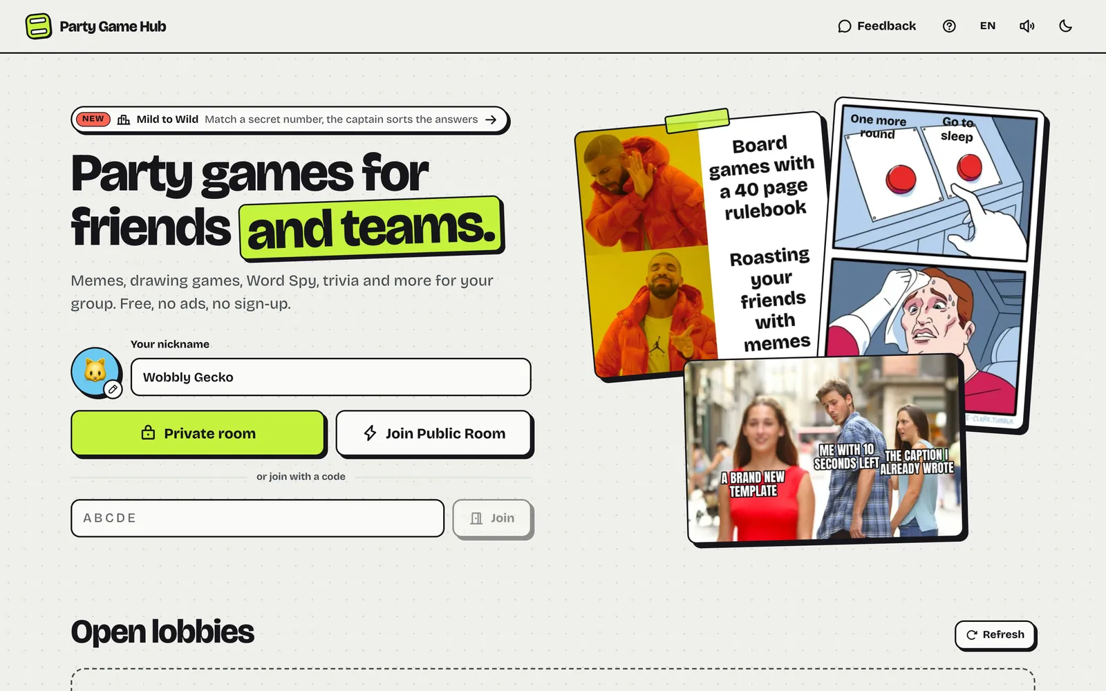 Party Game Hub start page with nickname field and meme collage